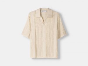 Textured open knit short sleeve polo shirt